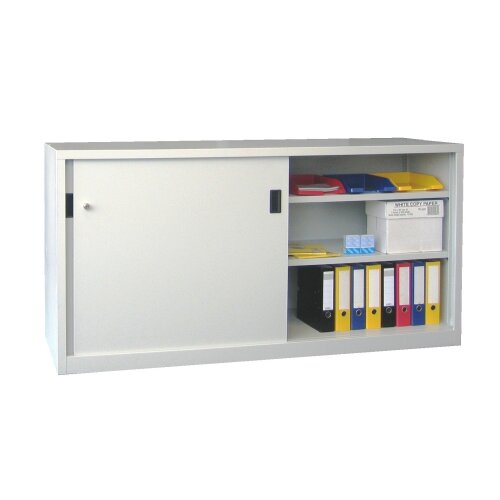 Stahl Schiebetürenschrank 100 cm hoch, 200cm breit, 60 cm tief, Korpus: Lichtgrau, Türen: Lichtblau, Fachböden: gepulvert in Korpusfarbe