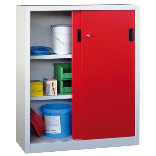 Stahl Schiebetürenschrank 120 cm hoch, 100cm breit, 40 cm tief, Korpus: Anthrazitgrau, Türen: Anthrazitgrau, Fachböden: gepulvert in Korpusfarbe
