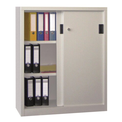 Stahl Schiebetürenschrank 120 cm hoch, 100cm breit, 40 cm tief, Korpus: Anthrazitgrau, Türen: Anthrazitgrau, Fachböden: gepulvert in Korpusfarbe