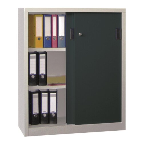 Stahl Schiebetürenschrank 120 cm hoch, 100cm breit, 40 cm tief, Korpus: Lichtgrau, Türen: Anthrazitgrau, Fachböden: verzinkt