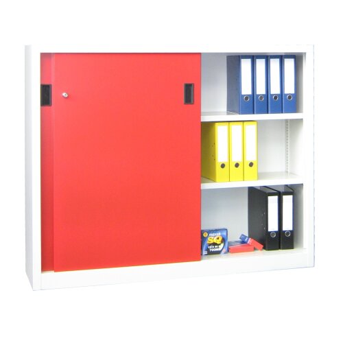 Stahl Schiebetürenschrank 120 cm hoch, 150 cm breit, 50 cm tief, Korpus: Lichtgrau, Türen: Lichtgrau, Fachböden: gepulvert in Korpusfarbe