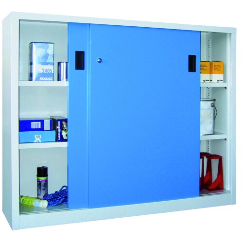 Stahl Schiebetürenschrank 120 cm hoch, 150 cm breit, 50 cm tief, Korpus: Lichtgrau, Türen: Lichtgrau, Fachböden: gepulvert in Korpusfarbe