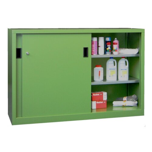 Stahl Schiebetürenschrank 120 cm hoch, 150 cm breit, 60 cm tief, Korpus: Lichtgrau, Türen: Lichtblau, Fachböden: gepulvert in Korpusfarbe