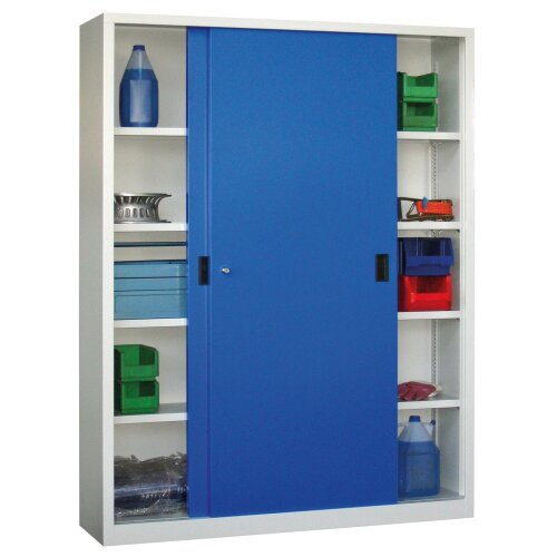 Stahl Schiebetürenschrank 195 cm hoch, 150 cm breit, 60 cm tief, Korpus: Resedagrün, Türen: Resedagrün, Fachböden: verzinkt