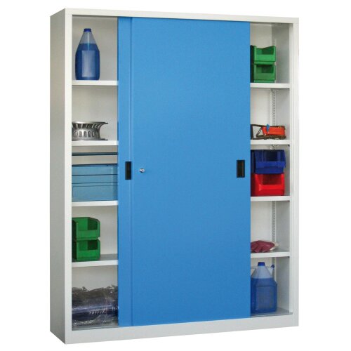 Stahl Schiebetürenschrank 195 cm hoch, 150 cm breit, 60 cm tief, Korpus: Resedagrün, Türen: Resedagrün, Fachböden: verzinkt