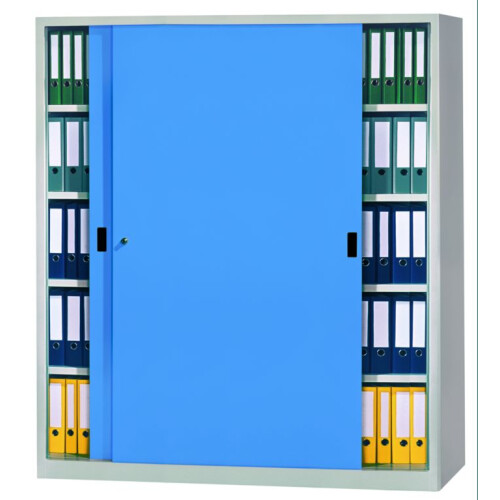 Stahl Schiebetürenschrank 195 cm hoch, 200cm breit, 40 cm tief, Korpus: Lichtgrau, Türen: Enzianblau, Fachböden: gepulvert in Korpusfarbe