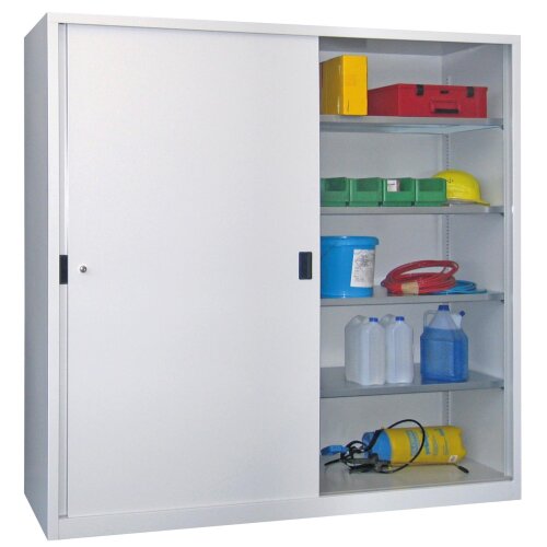 Stahl Schiebetürenschrank 195 cm hoch, 200cm breit, 40 cm tief, Korpus: Tiefschwarz, Türen: Resedagrün, Fachböden: gepulvert in Korpusfarbe