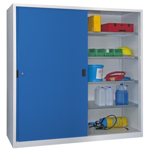 Stahl Schiebetürenschrank 195 cm hoch, 200cm breit, 50 cm tief, Korpus: Lichtgrau, Türen: Enzianblau, Fachböden: verzinkt