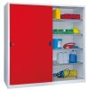 Stahl Schiebetürenschrank 195 cm hoch, 200cm breit, 60 cm tief, Korpus: Lichtgrau, Türen: Feuerrot, Fachböden: verzinkt