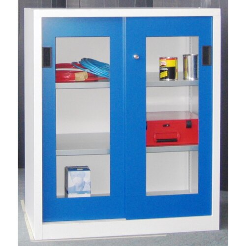 Stahl Schiebetürenschrank mit Sichtfenstertüren 120 cm hoch, 100cm breit, 50 cm tief, Korpus: Lichtgrau, Türen: Enzianblau, Fachböden: gepulvert in Korpusfarbe