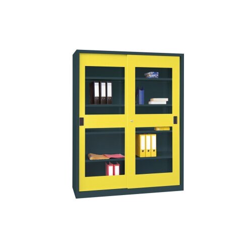 Stahl Schiebetürenschrank mit Sichtfenstertüren 195 cm hoch, 150 cm breit, 40 cm tief, Korpus: Lichtblau, Türen: Enzianblau, Fachböden: gepulvert in Korpusfarbe