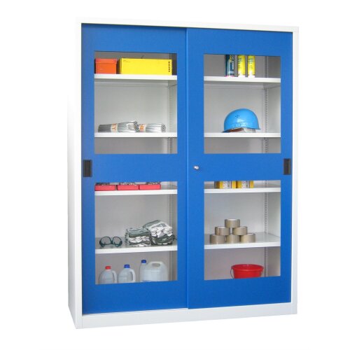 Stahl Schiebetürenschrank mit Sichtfenstertüren 195 cm hoch, 150 cm breit, 50 cm tief, Korpus: Lichtgrau, Türen: Resedagrün, Fachböden: gepulvert in Korpusfarbe