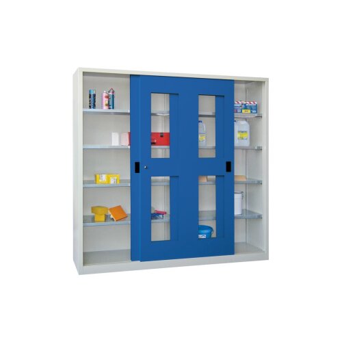 Stahl Schiebetürenschrank mit Sichtfenstertüren 195 cm hoch, 150 cm breit, 60 cm tief, Korpus: Lichtgrau, Türen: Lichtgrau, Fachböden: gepulvert in Korpusfarbe