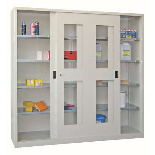 Stahl Schiebetürenschrank mit Sichtfenstertüren 195 cm hoch, 200 cm breit, 60 cm tief, Korpus: Lichtgrau, Türen: Lichtblau, Fachböden: gepulvert in Korpusfarbe