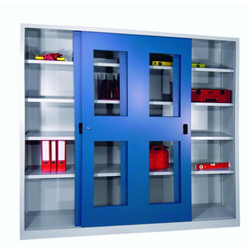 Stahl Schiebetürenschrank mit Sichtfenstertüren 195 cm hoch, 200 cm breit, 60 cm tief, Korpus: Lichtgrau, Türen: Lichtblau, Fachböden: gepulvert in Korpusfarbe