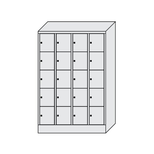 Schliessfachschrank 20 Fächer, Abteilbreite 300mm, auf Sockel,Korpus: Lichtgrau, Türen: Enzianblau, Drehriegel
