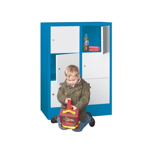 Schliessfachschrank 6 Fächer, Abteilbreite 300mm, auf Sockel, Höhe 119 cm, Korpus: Lichtgrau, Türen: Rubinrot, Zylinderschloss