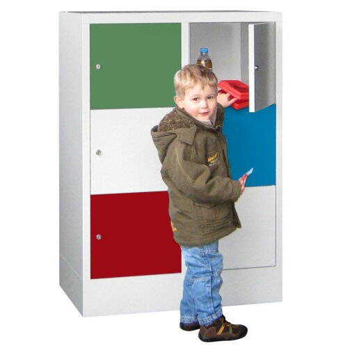 Schliessfachschrank 6 Fächer, Abteilbreite 300mm, auf Sockel, Höhe 119 cm, Korpus: Lichtgrau, Türen: Rubinrot, Zylinderschloss