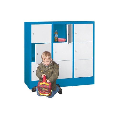 Schliessfachschrank 9 Fächer, Abteilbreite 400 mm, auf Sockel, Höhe 119 cm, Korpus: Anthrazitgrau, Türen: Lichtgrau, Zylinderschloss