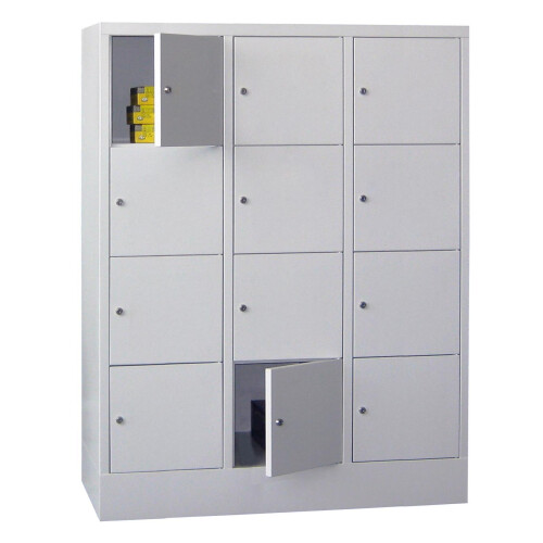 Schliessfachschrank 12 Fächer, Abteilbreite 400 mm, auf Sockel, Höhe 152 cm, Korpus: Lichtgrau, Türen: Feuerrot, Zylinderschloss