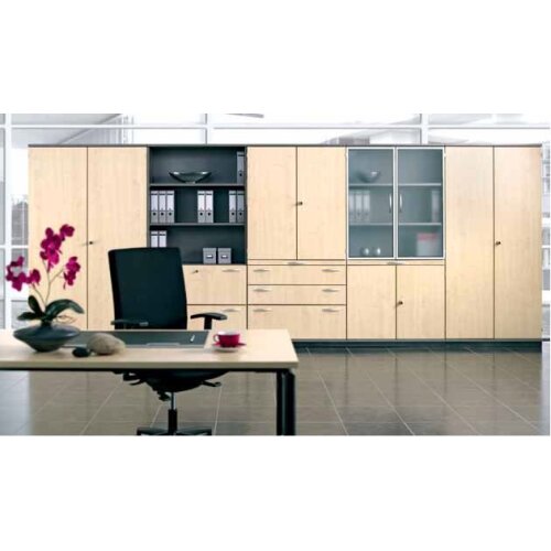 Aktenschrank mit Glastüren, 3 Ordnerreihen, 80 cm breit, Dekor Korpus: Ahorn, Front: Glastüre