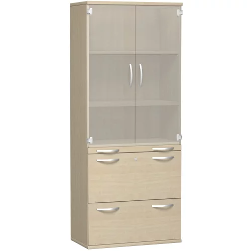 Aktenschrank 5 Ordnerreihen, mit Registerauszügen und Glastüren, 80 cm breit, Dekor Korpus: Buche Dunkel, Front: Lichtgrau