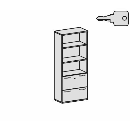 Aktenschrank 5 Ordnerreihen, mit 2x Registerauszügen und Regal, 80 cm breit, Dekor Korpus: Ahorn, Front: Ahorn
