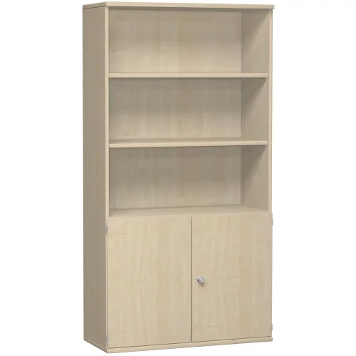 Aktenschrank 5 Ordnerreihen, mit Drehtüren und Regal, 100 cm breit, Dekor Korpus: Weiß, Front: Nussbaum Dunkel