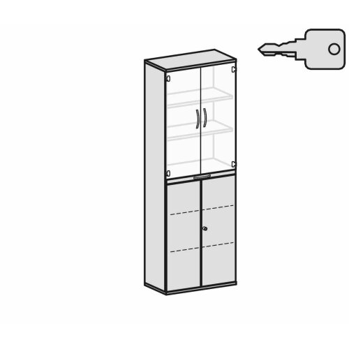 Aktenschrank 6 Ordnerreihen, mit Glastüren und Auszugsbrett, 80 cm breit, Dekor Korpus: Weiß, Front: Weiß