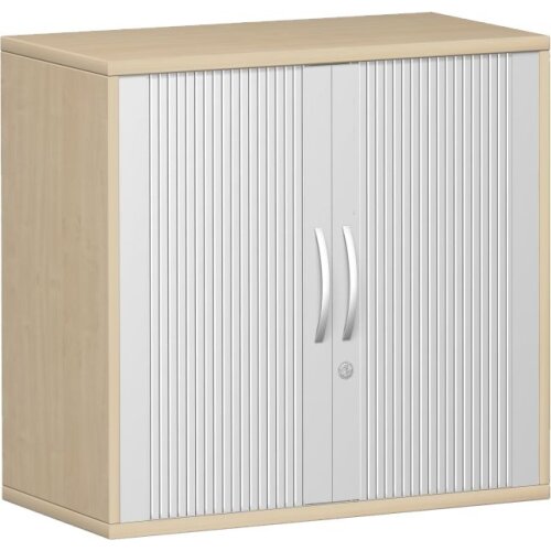 Rollladenschrank 2 Ordnerhöhen, 80 cm breit, Dekor Korpus: Ahorn, Front: Silber