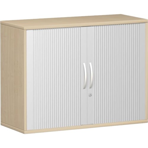 Rollladenschrank 2 Ordnerhöhen, 100 cm breit, Dekor Korpus: Ahorn, Front: Silber