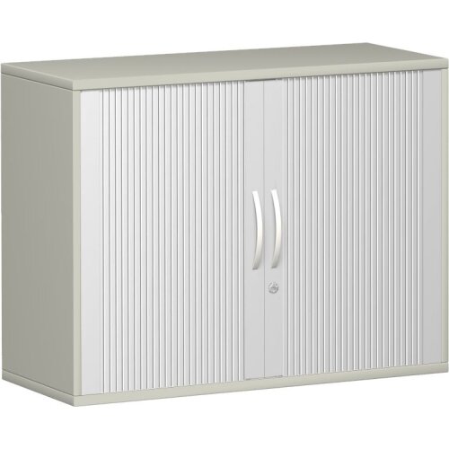 Rollladenschrank 2 Ordnerhöhen, 100 cm breit, Dekor Korpus: Lichtgrau, Front: Silber