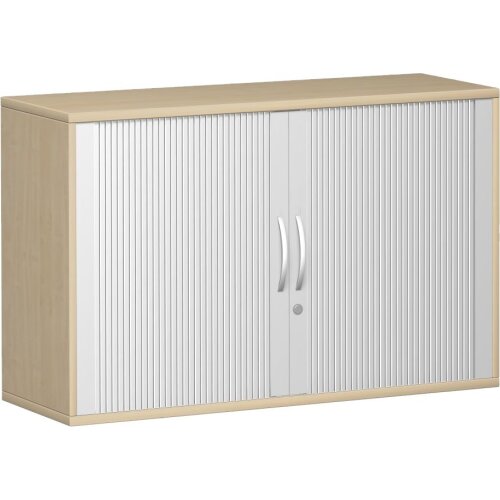 Rollladenschrank 2 Ordnerhöhen, 120 cm breit, Dekor Korpus: Buche Dunkel, Front: Silber