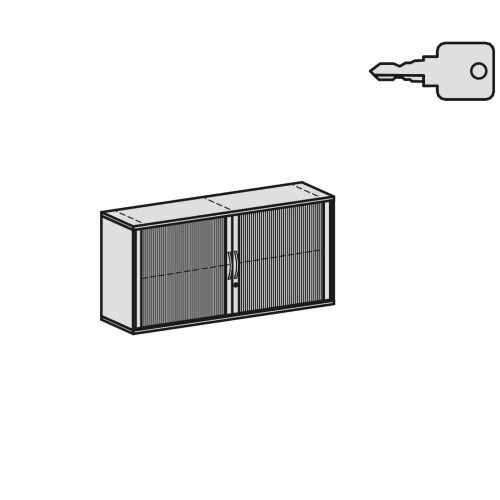 Rollladenschrank 2 Ordnerhöhen, 160 cm breit, Dekor Korpus: Ahorn, Front: Silber