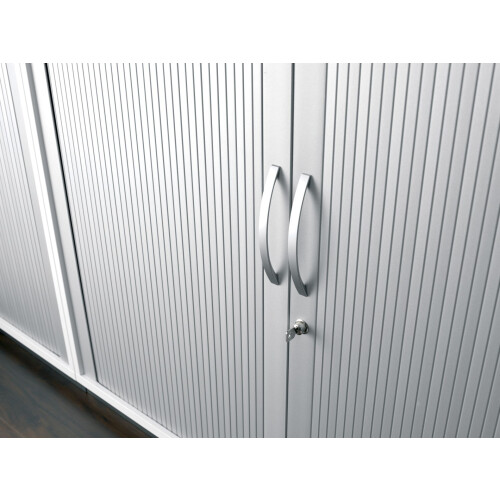 Rollladenschrank 2 Ordnerhöhen, 160 cm breit, Dekor Korpus: Buche Dunkel, Front: Silber