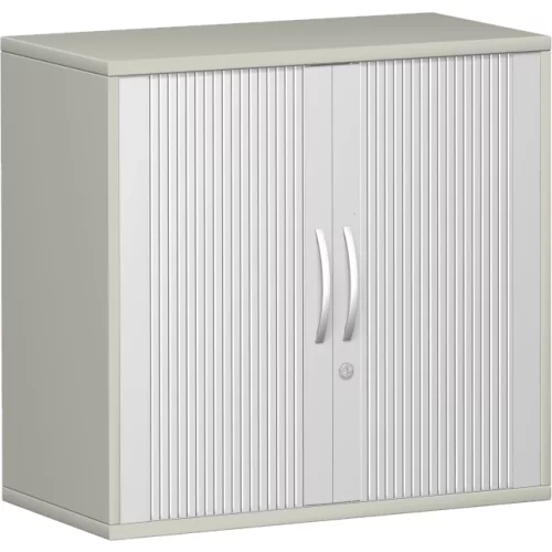 Anstell Rollladenschrank 72 cm hoch, 2 Ordnerhöhen, 80 cm breit, Dekor Korpus: Lichtgrau, Front: Silber