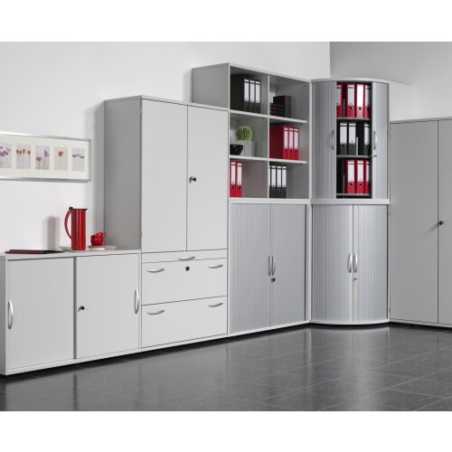 Schiebetürenschrank 2 Ordnerhöhen, 160 cm breit, Dekor Korpus: Lichtgrau, Front: Ahorn
