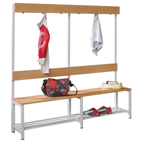 Garderobenbank mit Hakenleiste, 150 cm, Gestell: Resedagrün, Sitzleisten: Buchenholz, mit Schuhrost