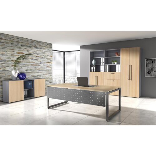 Schreibtisch höhenverstellbar mit Ringfuss 160x80 cm, Dekor: Weiss, Gestell: Silber