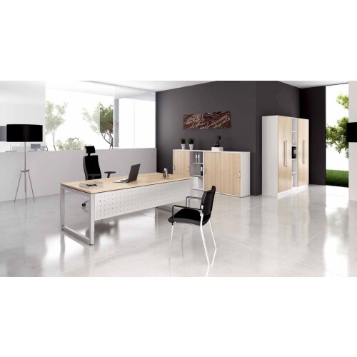Schreibtisch höhenverstellbar mit Ringfuss 160x80 cm, Dekor: Weiss, Gestell: Silber