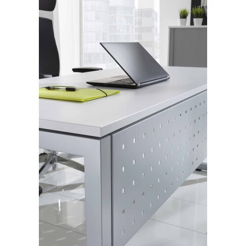 Schreibtisch höhenverstellbar mit Ringfuss 160x80 cm, Dekor: Weiss, Gestell: Silber