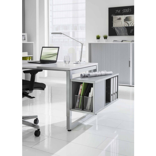 Schreibtisch höhenverstellbar mit Ringfuss 160x80 cm, Dekor: Weiss, Gestell: Silber