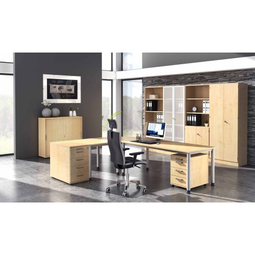 Schreibtisch Bogenform 200 x 120 cm, Fuss Rundrohr, Dekor: Grau