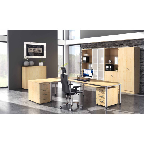 Schreibtisch Bogenform 200 x 120 cm, Fuss Rundrohr, Dekor: Eiche