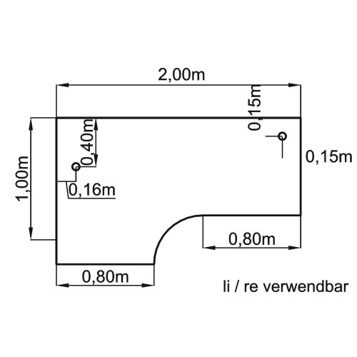 Schreibtisch Bogenform 200 x 120 cm, Fuss Rundrohr, Dekor: Eiche