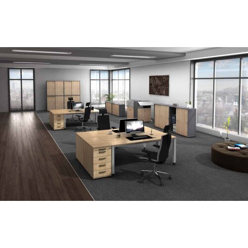 Schreibtisch Bogenform, Fuss Quadratrohr, Dekor: Buche