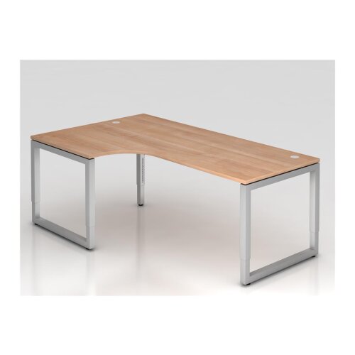 Winkelschreibtisch höhenverstellbar mit Ringfuss, 200x120 cm, Dekor: Nussbaum Hell, Gestell: Silber