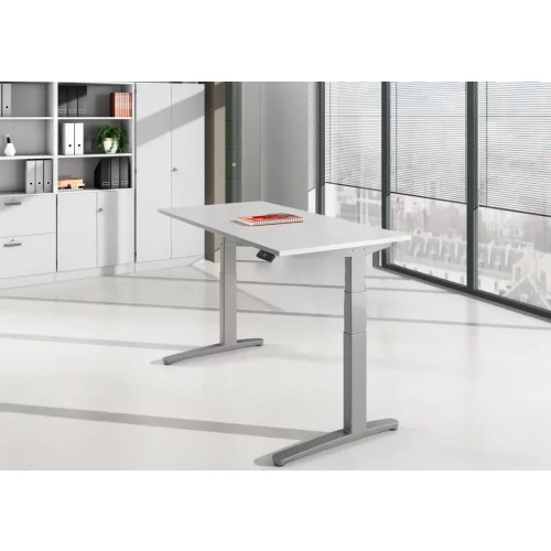 Schreibtisch elektrisch höhenverstellbar 160 x80, Dekor: Ahorn, Gestell: Silber