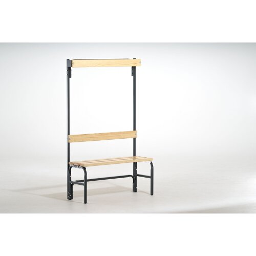 Garderobensitzbank einseitig mit Hakenleiste, Gestell Stahlrohr lichtgrau (RAL 7035), Leisten: Holz, mit Schuhrost, Länge: 101,5 cm