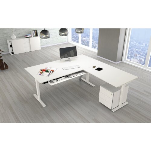 Winkelschreibtisch elektrisch höhenverstellbar Serie ETK3 im Maß: 200 x 220 cm, Dekor: Weiss